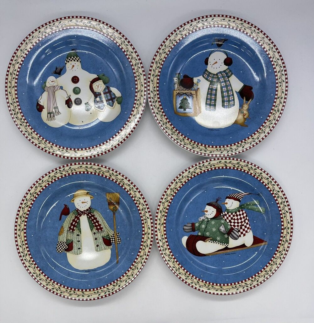 Sakura Debbie Mumm Jolly Snowman Set of 4 Salad Plates 8.25”